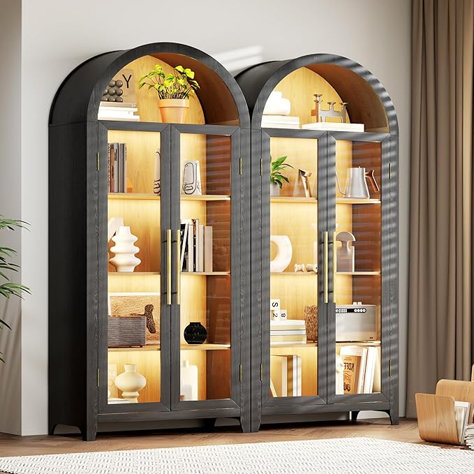 Arch Storage Cabinet with Tempered Glass Door, 71” Arched Display Floor Cabinet, 5 Tier Farmhouse Buffet with Storage for Dining Room, Living Room, Home Office or Kitchen(Black&Oak)