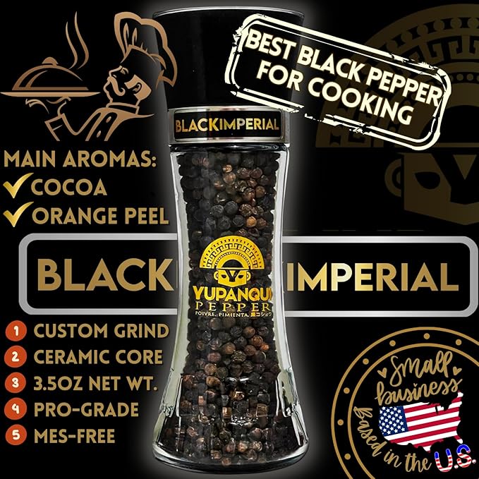YUPANQUI Organic Black Pepper Grinder Manual Pepper Grinder 3.5oz Award-Winning Gourmet Peppercorns Peppermill BLACK IMPERIAL, Best Black Peppercorn Grinder for Kitchen