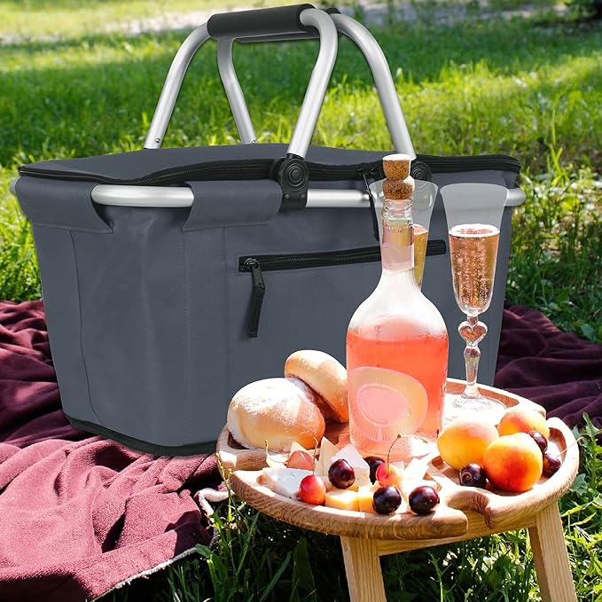 SIYUAN Collapsible Picnic Basket Insulated with Lid 27L Large Capacity Reusable Portable Folding Market Shoping Bag with Handles for Grocery