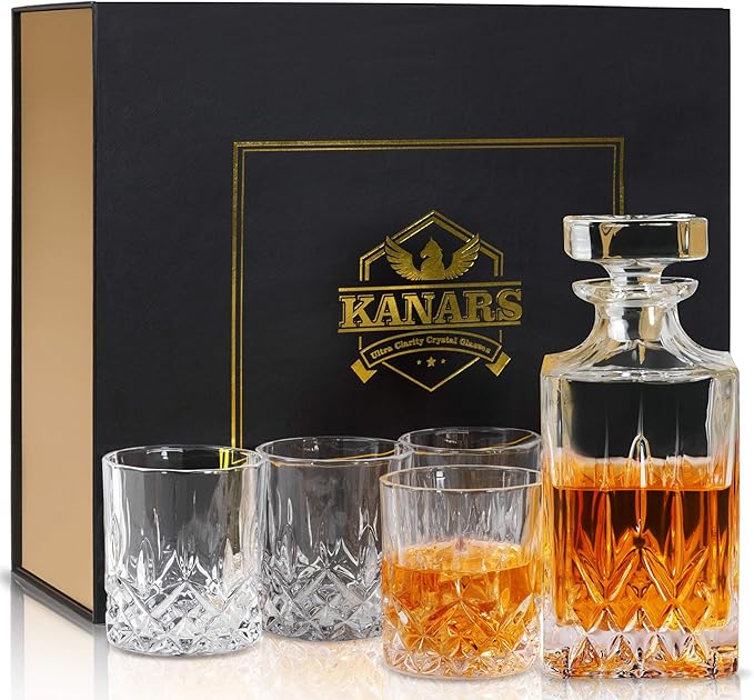 KANARS Whiskey Decanter And Glasses Set in Unique Gift Box - Original Crystal Liquor Decanter Set For Bourbon, Scotch, Vodka, Rum or Whisky, 5-Piece, Gifts for Men Dad