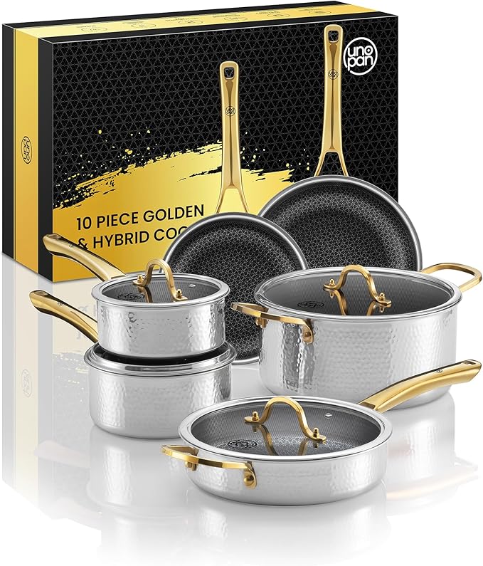 Gold Pots and Pans Set, Hybrid Hammered Stainless Steel, 10PC Nonstick Kitchen Cookware Sets w/Frying pan, Non Toxic, Oven Safe & Compatible with All Stovetops, Holiday Cooking Gift for Him or Her