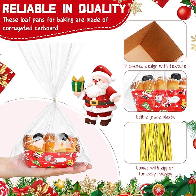 100 Sets Christmas Paper Loaf Pans Mini Disposable Baking Bread Pans with 100 Pcs Clear Bread Bags with Ties Rectangle Loaf Molds for Cake Oven Baker(3.2 x 1.6 x 1.6 Inches)