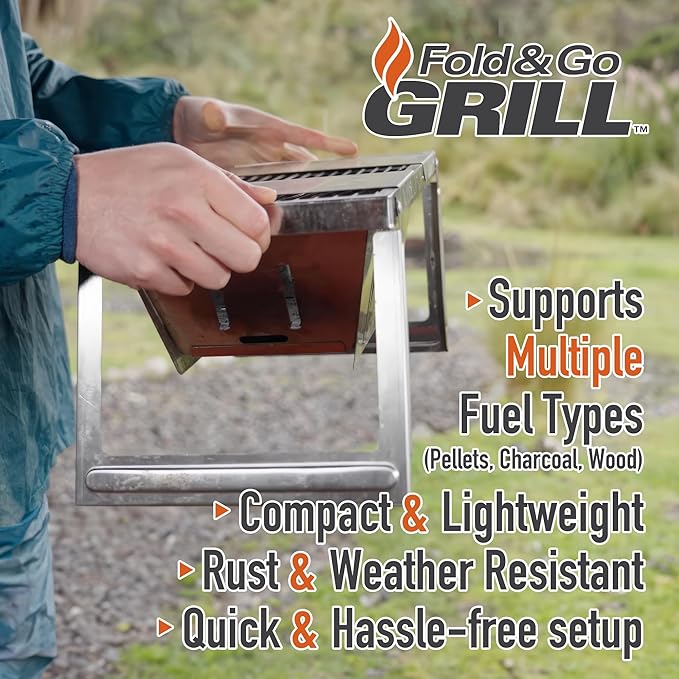 FoldNGo Portable Charcoal Grill with 6 Skewers - Stainless Steel Foldaway Grill for Camping, BBQ, Tailgating, Picnics - Instant Assembly, Includes Gloves & Carry Bag