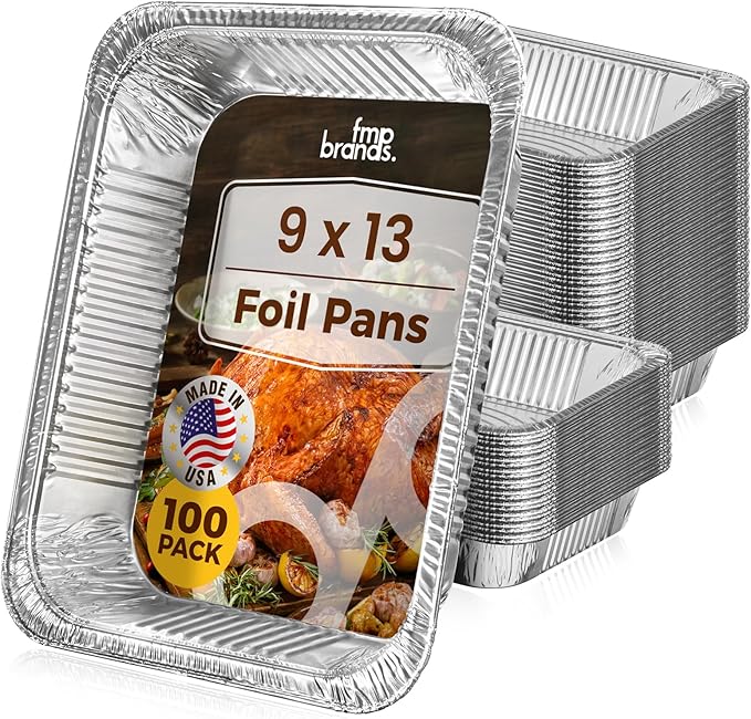 Fit Meal Prep 100 Pack 9x13 Aluminum Foil Pans - Heavy Duty Half Size Tin Pans Disposable for Roasting, Cooking, Serving, and Freezing - Baking Pan Trays for Buffet, Meal Prep, and Food Storage
