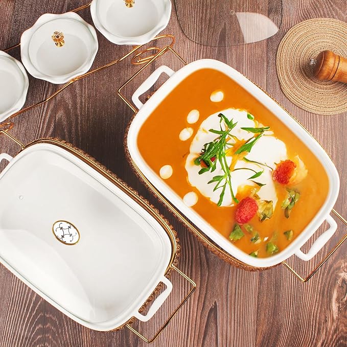 11" x 8" Ceramic Rectangular Casserole Dish with Glass Lid and rack, 1.6 Quart White Serving Soup Tureen,Chafing Dish for Buffet, Family Food Tray, Catering Casserole for Party Style