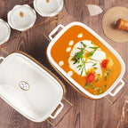 11" x 8" Ceramic Rectangular Casserole Dish with Glass Lid and rack, 1.6 Quart White Serving Soup Tureen,Chafing Dish for Buffet, Family Food Tray, Catering Casserole for Party Style