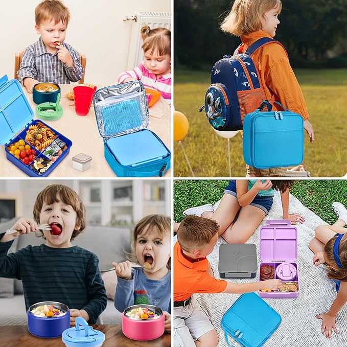 Bento Lunch Box with 8oz Soup Thermo,Kids Leakproof 4 Compartment Lunch Food Containers with Sauce Cup and Ice Pack,Kids Thermo Insulated Hot Food Jar and Lunch Bag for School,Trvael-Blue