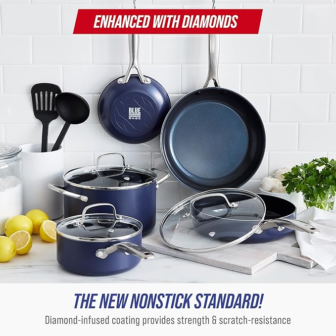 Blue Diamond 10 Piece Nonstick Cookware Set, Diamond Ceramic Pots & Pans, Dishwasher & Metal Utensil Safe, Non Toxic PFAS-Free, Kitchen Cooking Sauce & Saute Pans, Oven & Broiler to 600F, Blue