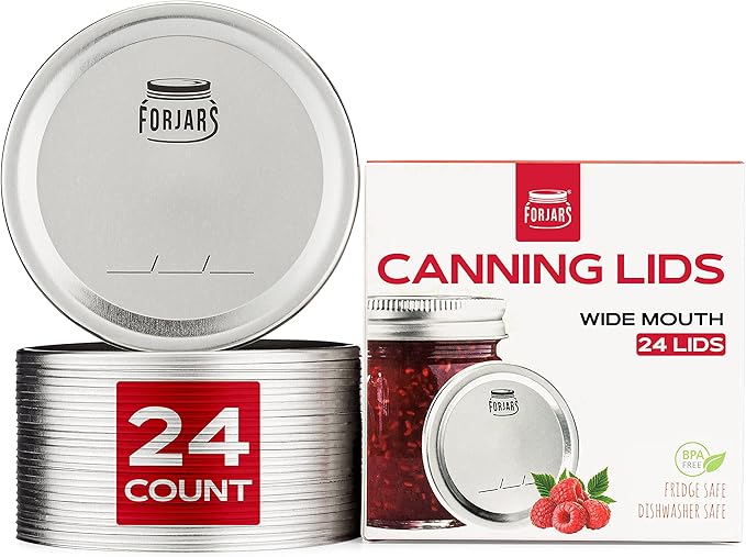 FORJARS - Wide Mouth Canning Lids, 24-Pack – Create Airtight Seals on Mason Jars to Preserve Food for Meal Prep & Emergency Food Storage – 3.4 In. Metal Lids with Silicone Seals – Canning Supplies