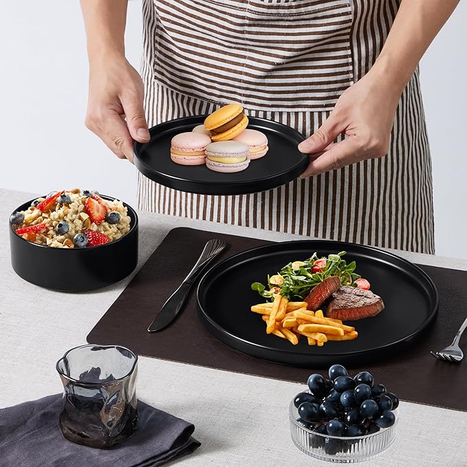 E-far Black Dinnerware Sets for 6, 18-Piece Stoneware Plates and Bowls Dish Set, Modern Kitchen Dinning Dishware, Chip and Scratch Resistant, Microwave & Dishwasher Safe, Matte Black