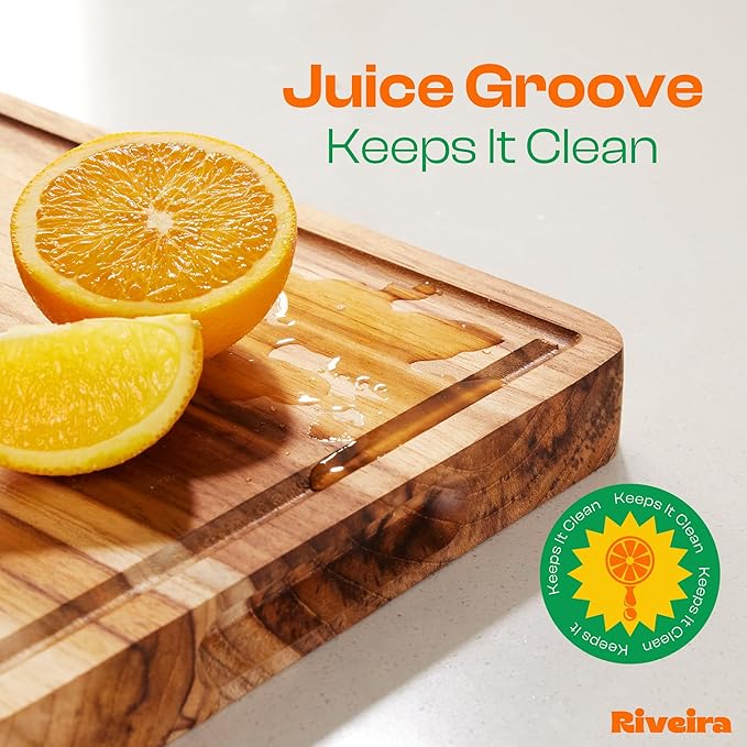Riveira Teak Wood Cutting Board – Gourmet Teak Grandeur: 20 x 14 Wooden Cutting Board – Natural Wooden Cutting Boards For Kitchen Decorative – Innovative Juice Grooves Teak Wooden Chopping Board