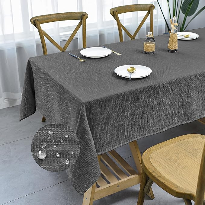 Waterproof Cotton Linen Thick Tablecloths Rectangle Dining Table Cloth, Wipe Clean & Water Resistant Table Cover for Kitchen Party and Banquets, Washable（54"x144" Gray）
