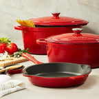 BergHOFF 10Pc Neo Enameled Cast Iron Cookware Set, Matching Lid, Oven Safe Up To 400°F, Red