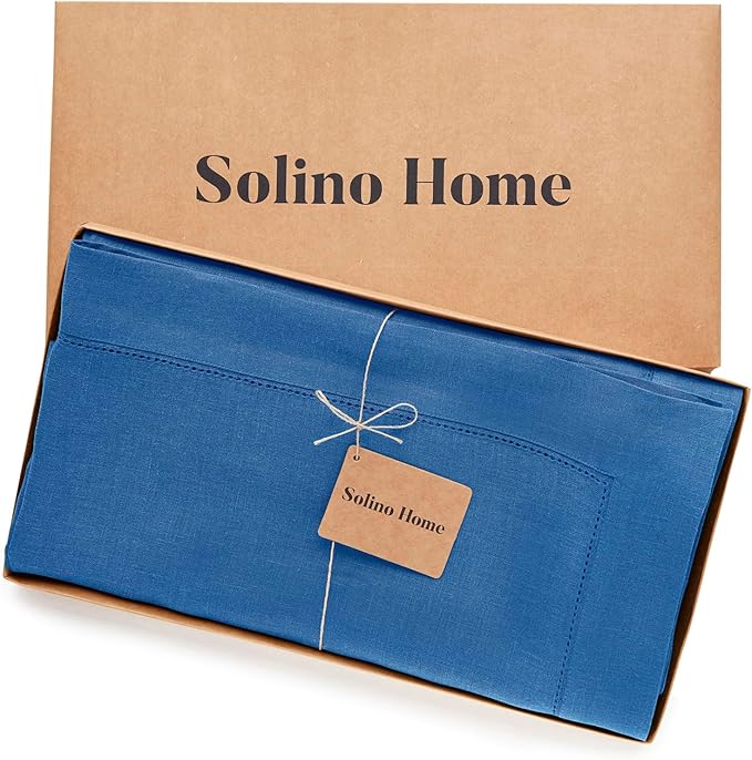 Solino Home Linen Indigo Blue Tablecloth 60 x 90 Inch - Classic Hemstitch, 100% Pure Linen Rectangular Tablecloth - Machine Washable Table Cloth for Fall, Autumn