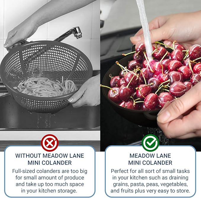 Meadow Lane 6-inch Small Colander, BPA-Free, Dishwasher Safe, Double Handles, Compact Food Strainer for Berries, Veggies and Pasta, 3-Cup Capacity, Glossy Black