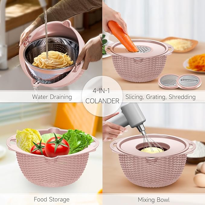 4-1 Colander with Bowl Set - Food Strainer with Graters & Spoons - Colanders for kitchen - Strainers and Colanders - Strainer Bowl Fruit Cleaner with Colander Pasta Rice Strainer for Veggie Wash Pink