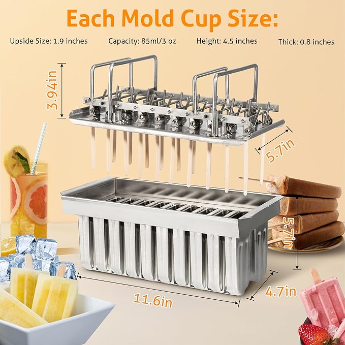 WICHEMI Commercial Popsicle Molds Stainless Steel Ice Pop Molds 20PCS Metal Ice Lolly Popsicle Mold Ice Cream Maker Mold Stick Holder with Lid Single Cup Capacity 85g