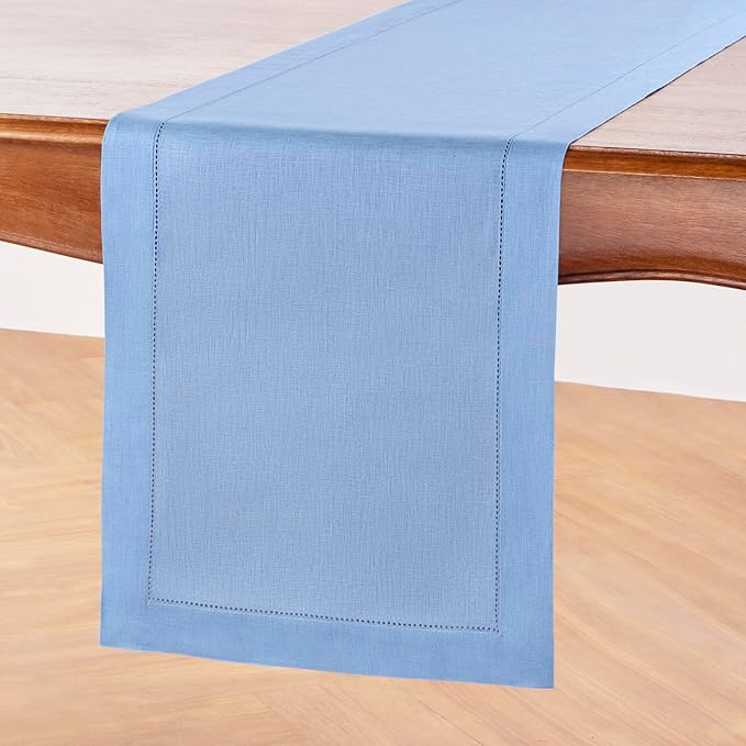 Solino Home Linen Cornflower Blue Hemstitch Table Runner 48 Inches - 100% Pure Linen Small Table Runner 14 x 48 Inch Ideal for Dresser and Coffee Tables - Classic Hemstitch, Summer