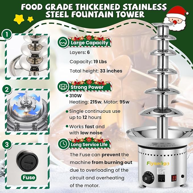 Commercial Chocolate Fountain 6 Layers 19Lbs Large Chocolate Fondue Tower Stainless Steel Hot Chocolate Waterfall for Nacho Cheese Knob Control
