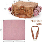 Picnic Basket for 2, Picnic Baskets with Waterproof Blanket, Picnic Hamper Set with Washable Beach Mat & Large Insulated Cooler Compartment, Handmade Natural Wicker Hamper for Camping, Outdoor Party