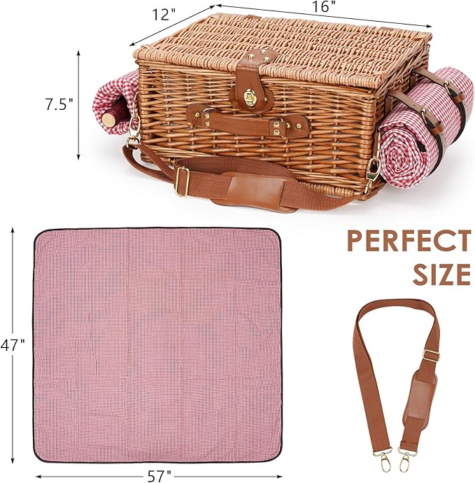 Picnic Basket for 2, Picnic Baskets with Waterproof Blanket, Picnic Hamper Set with Washable Beach Mat & Large Insulated Cooler Compartment, Handmade Natural Wicker Hamper for Camping, Outdoor Party