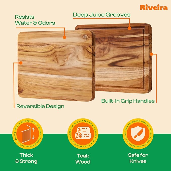 Riveira Teak Wood Cutting Board – Gourmet Teak Grandeur: 12 x 10 Wooden Cutting Board – Natural Wooden Cutting Boards For Kitchen Decorative – Innovative Juice Grooves Teak Wooden Chopping Board