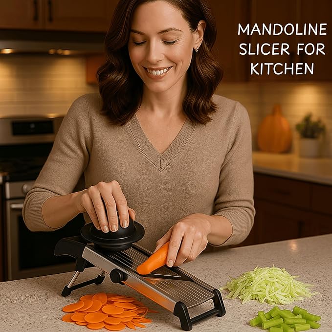 Mandoline Slicer for Kitchen, Adjustable Stainless Steel Vegetable Slicer and Chopper, Food Slicer with Julienne Cutter, Potato, Onion, Tomato, Cucumber and Salad Chopper with Safety Gloves