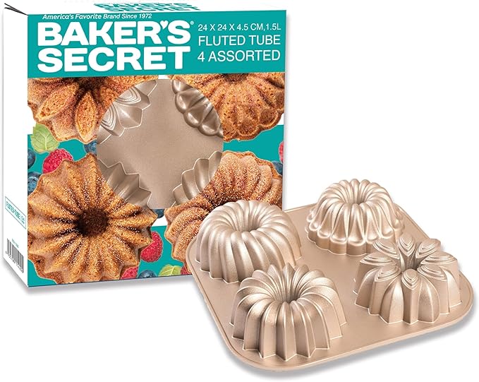 Baker's Secret Nonstick for Fluted Cake Pan, Heavy Duty Die Cast Aluminum Fluted Cake Baking Pans, 2 Layers Non-stick Coating For Easy Release - Cast Aluminum Collection (4mini joys)