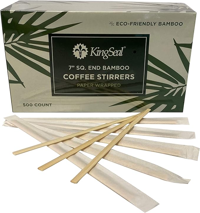 500 Count | KingSeal Individually Paper Wrapped Bamboo Coffee Stir Sticks, 7 inches, Square End, 100% Renewable and Biodegradable - 1 Box of 500 Stirrers