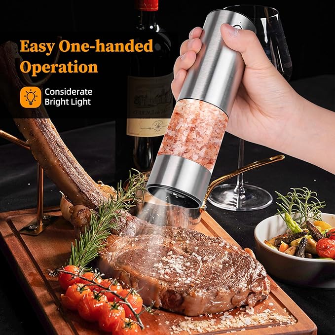 【LARGE CAPACITY】Electric salt and pepper grinder set with Storage Base：USB Rechargeable，Stainless Steel Body Automatic Pepper Mills with Adjustable Coarseness (Stainless Steel Set)