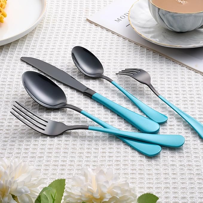 20 Piece Black Sky Blue 18/0 Flatware Utensil Set for 4, Include Dinner Knife,Dinner Forks,Dinner Spoons,Salad Forks,Teaspoons,Silverware Set for 4, Dishwasher Safe