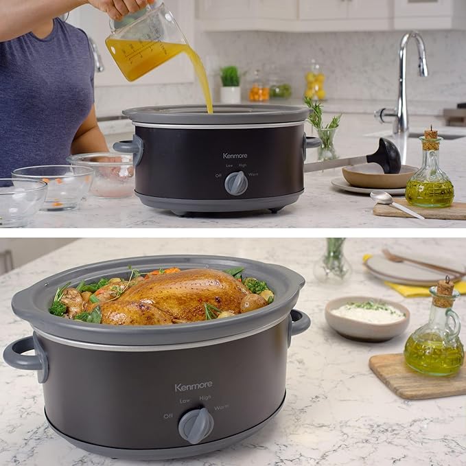 Kenmore Slow Cooker - 5 Lb Chicken 3 Lb Roast Mini Crock Pot With Glass Lid, Stainless Steel Electric Cookers, Warm Rice & Sous Vide Stew, Soup, Lunch, Dishwaher Safe Non-Stick Ceramic Insert, 5 Quart