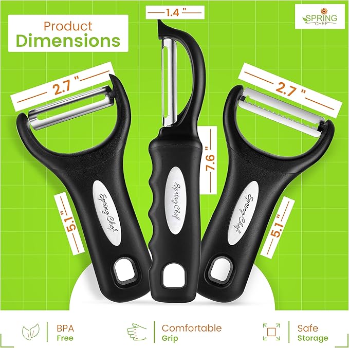 Spring Chef Stainless Steel Swivel, Y & Julienne Vegetable Peelers for Kitchen, Potato Peelers with Soft Grip Handles, Kitchen Utensils Set of 3 for Fruits, Veggies, Apple, Carrot, Cucumber - Black