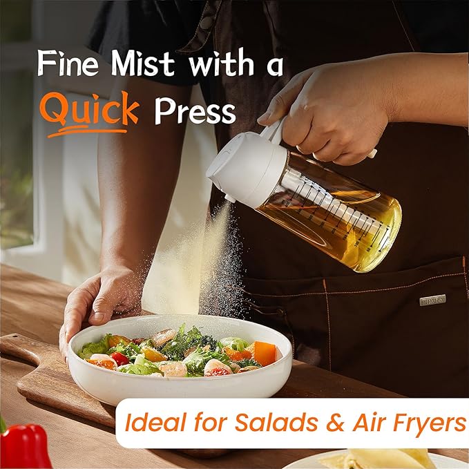 TrendPlain 16oz/470ml Glass Olive Oil Sprayer for Cooking – 2 in 1 Olive Oil Dispenser Bottle for Kitchen Gadgets and Air Fryer Accessories, Salad, BBQ - White & Green