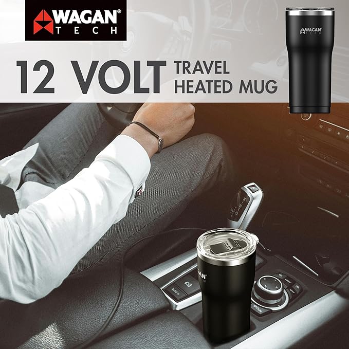 Wagan EL6101 12V Travel Car Heated Mug Portable 16oz Stainless Steel Anti-Spill Lid Slip Resistant Base Car Coffee Warmer Coffee Cup (Black)