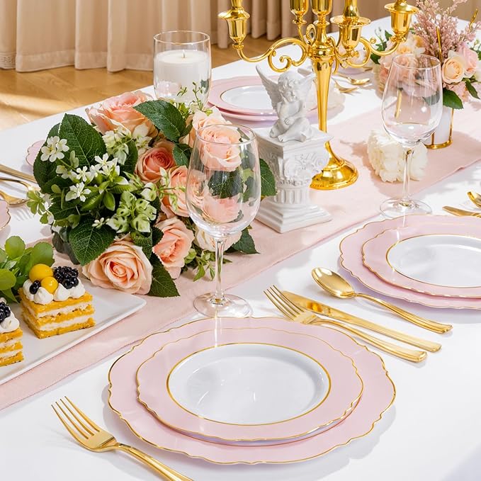 WDF 60pcs Pink Dessert Plates - 7.5inch Baroque Pink &White Disposable Dessert/Salad/Appetizer Small Cute Cake Plates for Upscale Parties &Wedding-Special for Bridal Shower, Brithday, Baby Shower