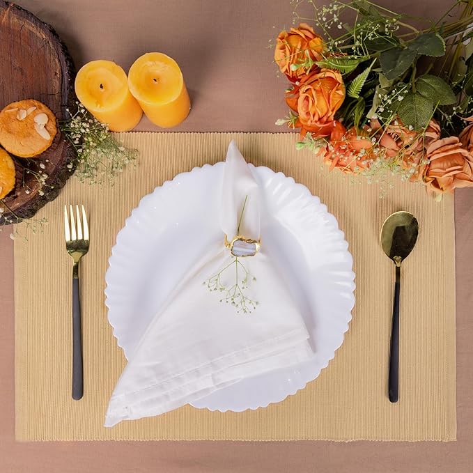 Croissant Brown Placemats Set of 6, Cotton Ribbed Tabletop, Non-Slip Wrinkle Free Kitchen Table Mats for Dining Table, 13x19 Inch