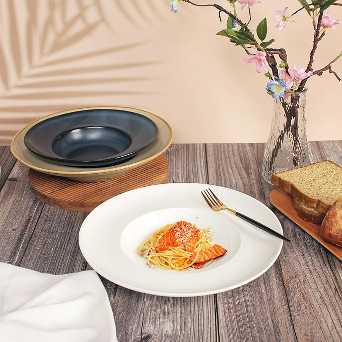 Pasta Plates with Rim 12 oz, Soup Bowl Pasta Bowl Set of 4, White Shallow Bowl Plate, Ceramic Wide Rimmed Soup Bowl, Best choice for high-end restaurants, hotels, and foodies, 11 Inch