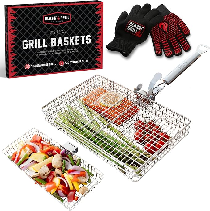 BLAZIN' GRILL Baskets for Outdoor Grill | 2 Grilling Baskets with Detachable Handle | Grill Baskets for Outdoor Grill with BBQ Gloves | Barbecue Grill Set for Vegetables, Seafood & Meat | Fish Grill Basket
