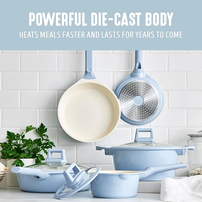 GreenLife 8 Piece Ceramic Nonstick Cookware Set, Induction Suitable Non Toxic PFAS-Free Pots & Pans, Dishwasher Safe, Cooking Set, Stock Pot, Saucepans & Frying Pans, Kitchen Cooking, Light Blue