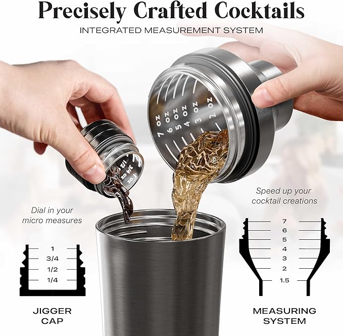 Insulated Cocktail Shaker Set | Double Wall Stainless Steel | Martini Shaker for Home Bar Bartending | Built-in Drink Measurement System & Strainer, Travel Bag, 35 Recipes | Gift Set (Slate Gray)