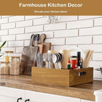 Acacia Wood Utensil Holder for Party, 6-Compartment Paper Plate and Silverware Organizer with Handles, Rustic Utensil Caddy for Parties, Outdoor Gatherings, and Kitchen Countertop Organization