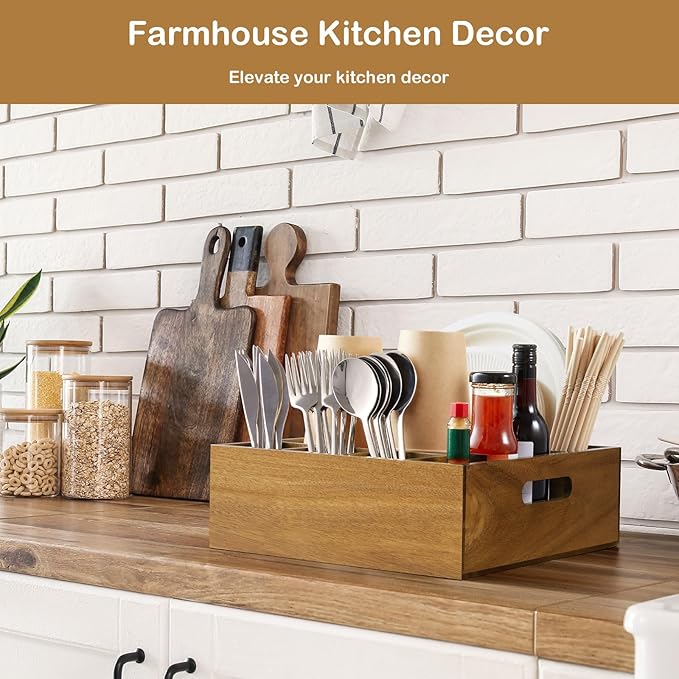 Acacia Wood Utensil Holder for Party, 6-Compartment Paper Plate and Silverware Organizer with Handles, Rustic Utensil Caddy for Parties, Outdoor Gatherings, and Kitchen Countertop Organization