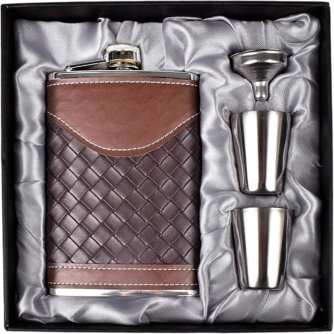 Hip Flasks for Men 8oz Leather Flask Gift Set,304 Stainless Steel Flask Set w/Funnel Shot Glasses Lovely Gift for Whiskey Rum Groomsman Best Man Usher Wedding Camping-Leather Stripe Black8oz