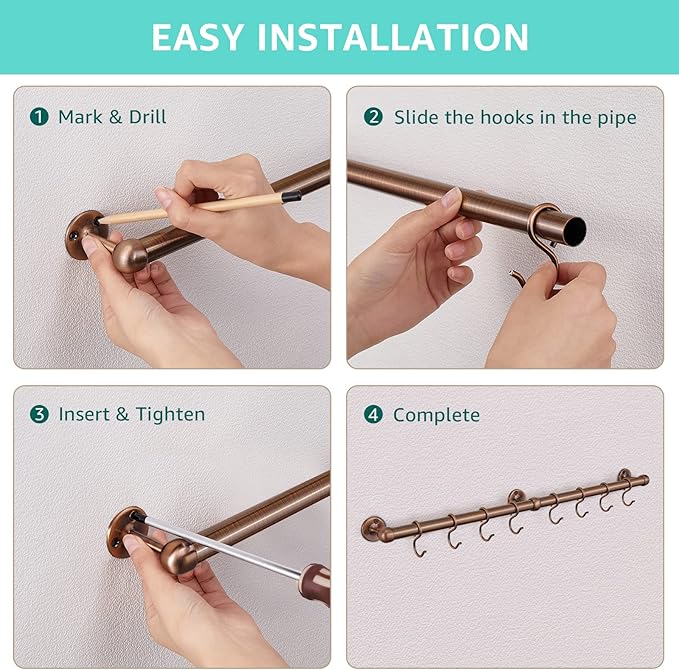 ROTHLEY Stainless Steel Pot and Pan Hanger: 23.7 Inch Wall Mounted Hanging Pots and Pans Rack with Hooks (Antique Copper)