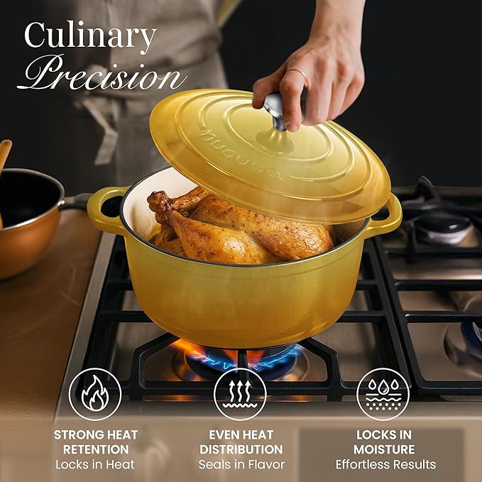 Nuovva Enamelled Cast Iron Dutch Oven Pot with Lid 6.4 Quart Non Stick Casserole Pot – Heavy Duty & Oven Safe up to 500° F for Bread Baking, Braising, Stews, Roasting – 28cm Yellow