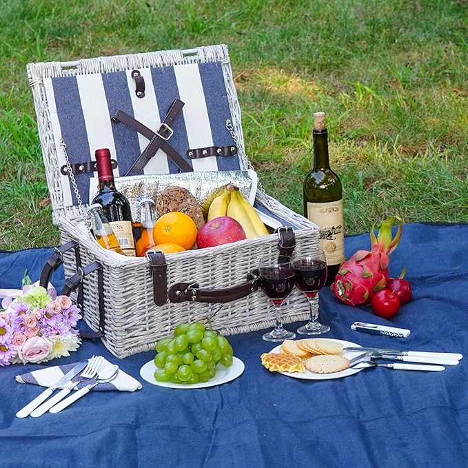Picnic Basket Sets for 2 Persons with Insulation Cooler,Waterproof Picnic Blanket, Tableware for Family,Party,Outdoor Living,Camping Gift
