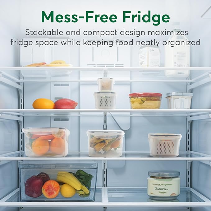 8 Set Fruit Storage Containers for Fridge with Colanders Dishwasher Safe, Leakproof Fruit and Vegetable Storage BPA-Free Plastic, Produce Storage Keep Berry Fruit Veggie Meat Fresh