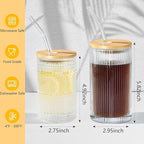 14 oz Drinking Glasses Set of 4 with Bamboo Lids Straws Striped Ribbed Glassware Set Vintage Glass Cups Embossed Iced Coffee Cup for Beer Cocktail Beverage(Ribbed)