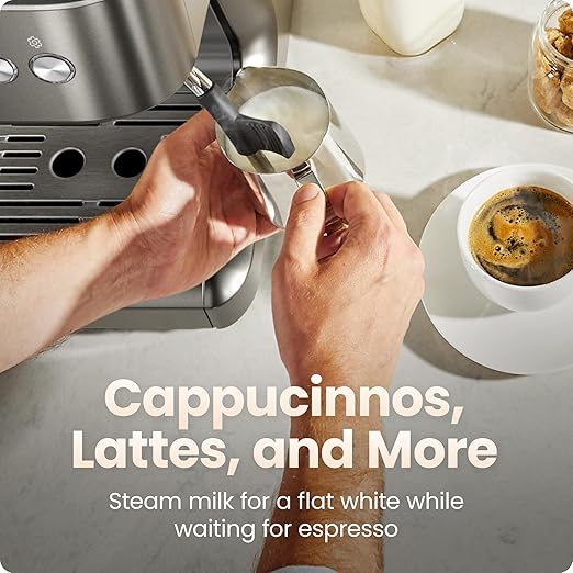 Chefman Crema Deluxe Espresso Machine with Double Boiler, Use Milk Frother and Brew Espresso Simultaneously, Professional Coffee Maker with Coffee Grinder and Steam Wand, 30 Grind Settings